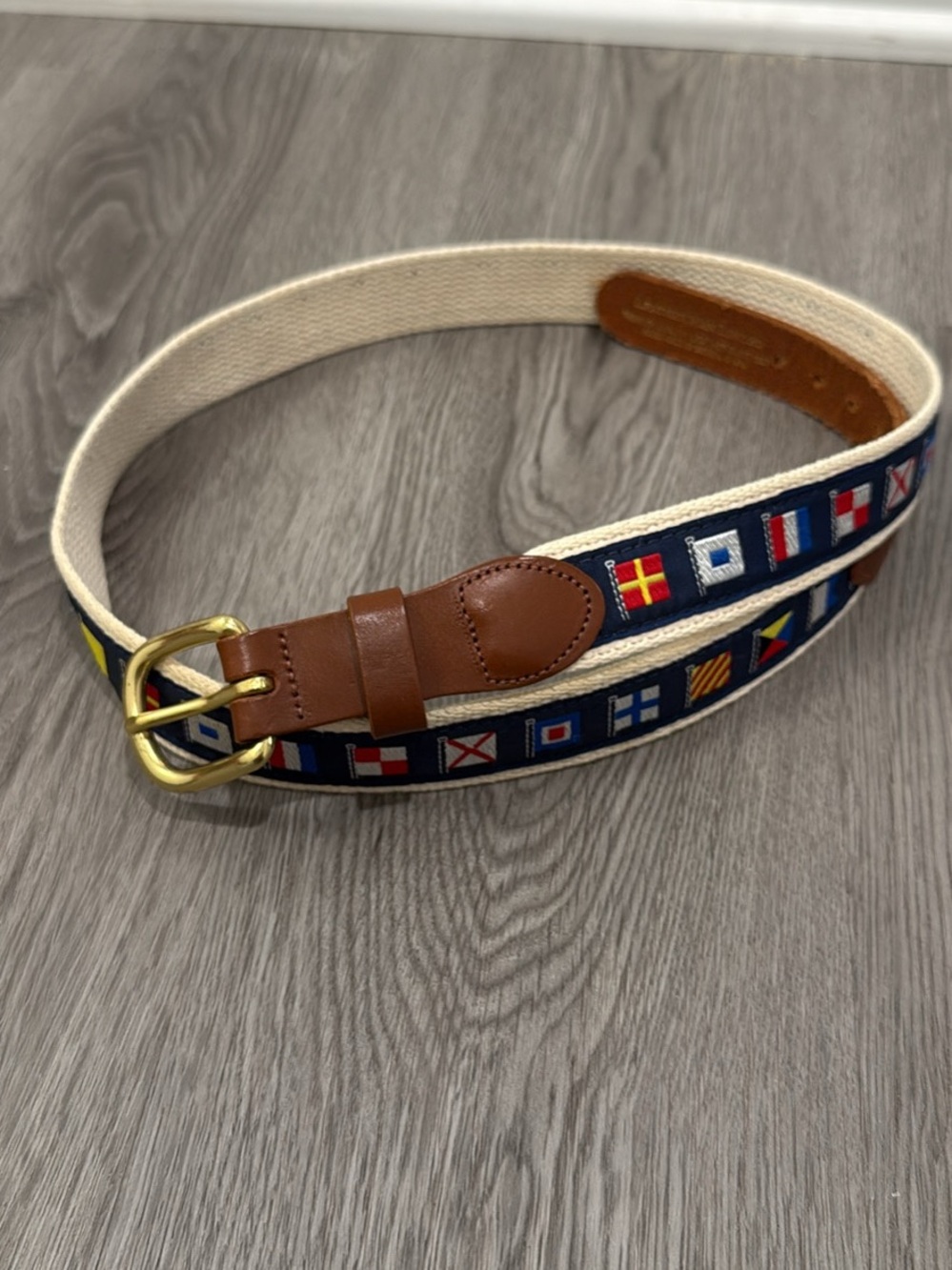 Nautical Flag Embroidered Canvas Belt with Brown Leather Trim size 38